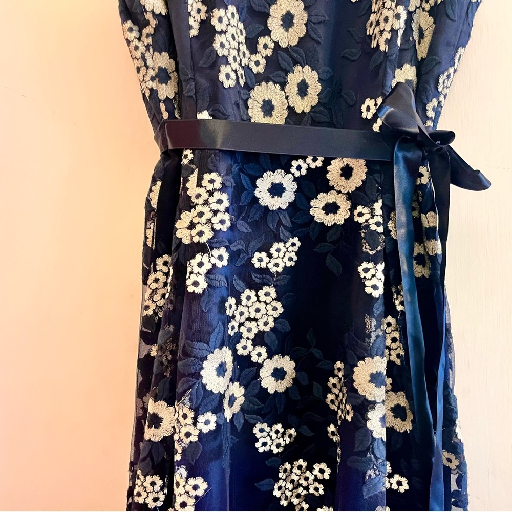 Tahari Elegant Sleeveless Dress with White Floral Embroidery over Deep Blue - Picture 2 of 14
